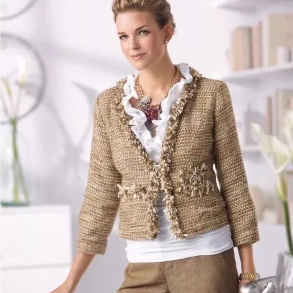 CAbi Metallic Tweed Medium Blazer Tan‎ White Fringe Style 343